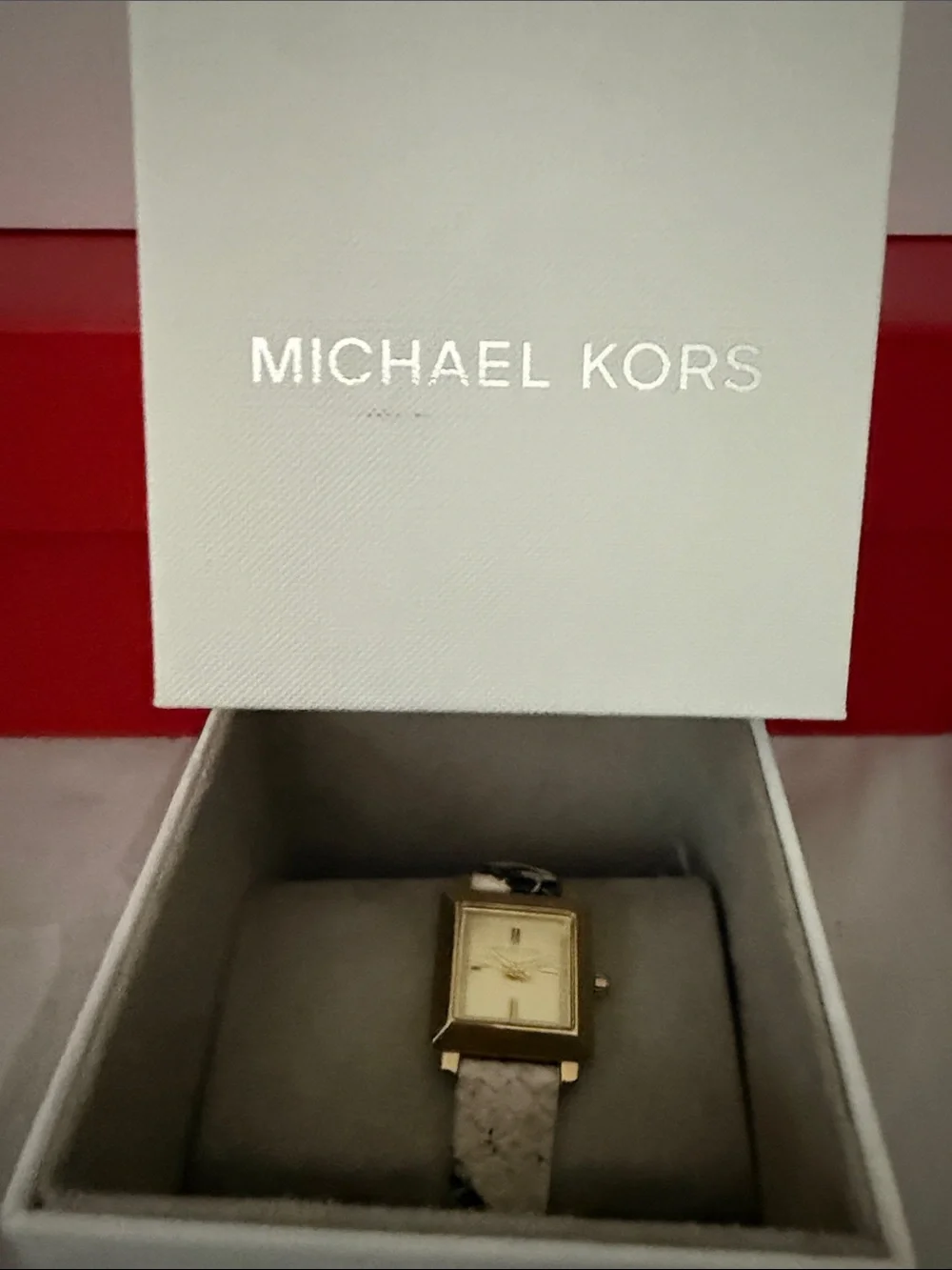 Michael Kors Gold-Tone Square Face Watch with Black & White Snake-Print Strap